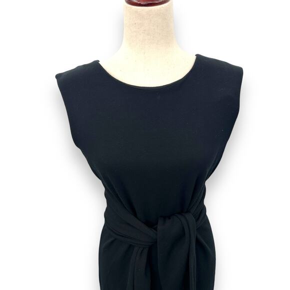 Ann Taylor Black Sheath Dress Tie Waist Midi Size 10 Minimalist Quiet Luxury - Picture 2 of 11